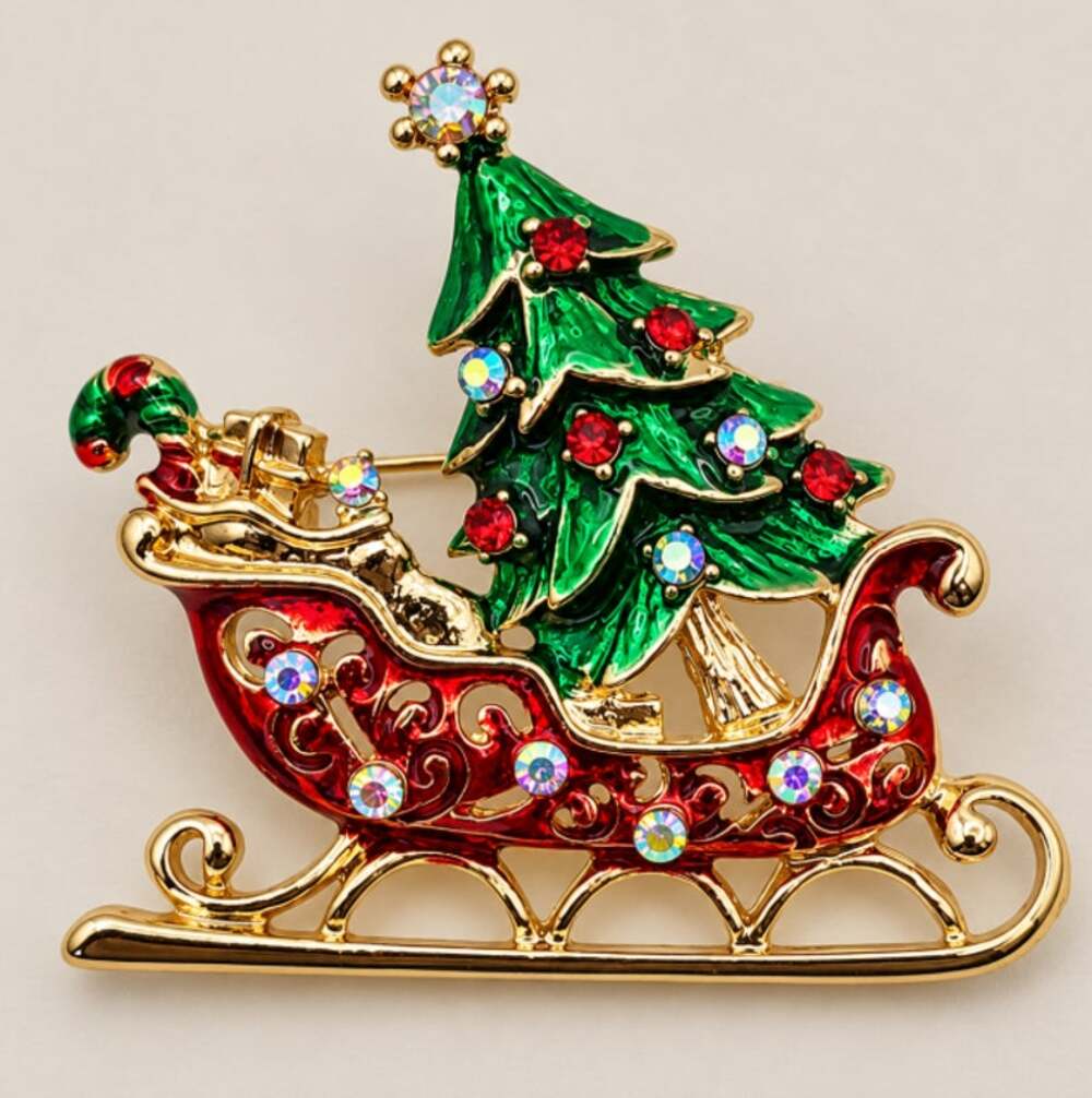 Holiday Gold Tone Santa Sleigh Carrying Christmas Tree & Rhinestone Accents